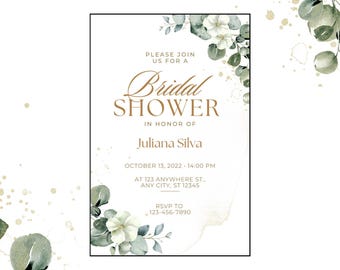 May include: A bridal shower invitation with a white background, featuring floral accents in green and white. The text reads "Bridal Shower" in gold script, with event details and RSVP information.