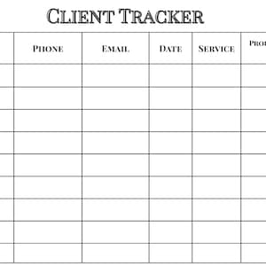 Può includere: Un foglio bianco di Client Tracker con una griglia per registrare le informazioni sui clienti. La parte superiore del foglio ha il titolo "CLIENT TRACKER" e immagini di forbici e la silhouette di una donna. Le colonne includono Nome, Telefono, Email, Data, Servizio e Prodotto/Chimico utilizzato.