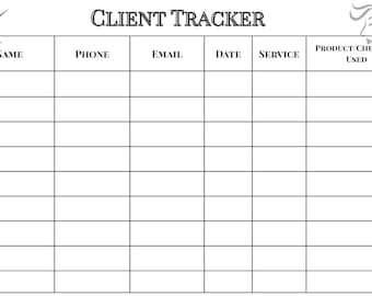 May include: A white Client Tracker sheet with a grid for recording client information. The top of the sheet has the title "CLIENT TRACKER" and images of scissors and a woman's silhouette. Columns include Name, Phone, Email, Date, Service, and Product/Chemical Used.