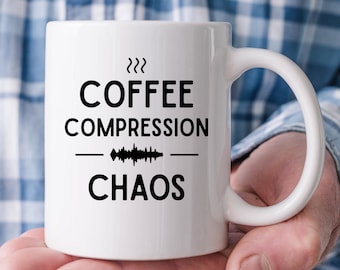 Coffee Compression Chaos - Funny Music Producer Mug – 11oz White Ceramic Mug for Musicians, Studio Heads & Audio Nerds. Recording Gift.