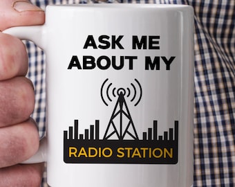 Ask Me About My Radio Station – Funny DJ Broadcaster Mug  Perfect gift for internet radio hosts, home studio lovers and vintage audio fans