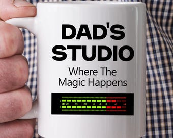 Dad's Studio, Where The Magic Happens - Music Mug for Dad – 11oz Funny Ceramic Coffee Mug for Music Dads, Creators, Home Recording Hobby.