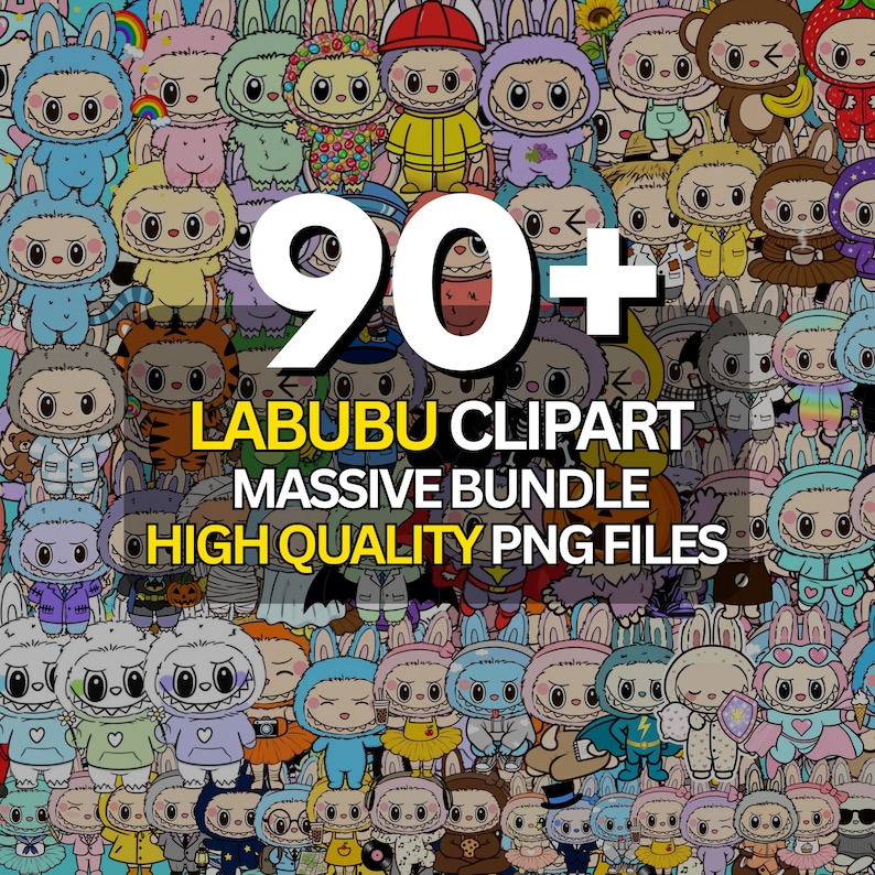 Puede incluir: Imagen con numerosos personajes Labubu en formato clipart, cada uno con un disfraz &uacute;nico. El texto superpuesto dice "90+ Labubu Clipart Massive Bundle High Quality PNG Files". Los personajes son de diversos colores y atuendos.