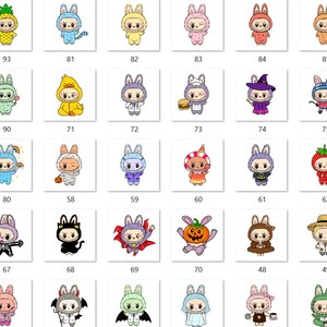 Puede incluir: Una colecci&oacute;n de personajes de conejitos de dibujos animados con varios disfraces. Los conejitos est&aacute;n disfrazados de pi&ntilde;a, bruja, momia, fresa y m&aacute;s. Cada conejito est&aacute; en un marco cuadrado con un n&uacute;mero.