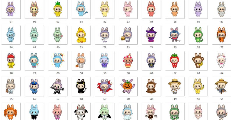 Puede incluir: Una colecci&oacute;n de personajes de conejitos de dibujos animados con varios disfraces. Los conejitos est&aacute;n disfrazados de pi&ntilde;a, bruja, momia, fresa y m&aacute;s. Cada conejito est&aacute; en un marco cuadrado con un n&uacute;mero.