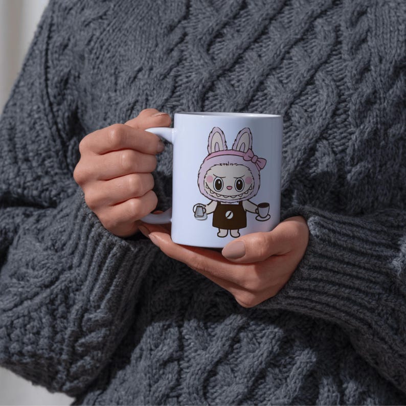 Puede incluir: Taza de caf&eacute; de cer&aacute;mica blanca con un conejito de dibujos animados como barista, con un gorro y un lazo rosas. El conejito lleva un delantal marr&oacute;n y sostiene una taza y una cafetera. La taza tiene un asa blanca.