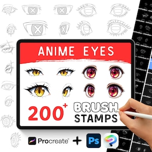 Może przedstawiać: Cyfrowy produkt artystyczny z pieczątkami pędzli do oczu anime. Obraz przedstawia tablet z różnymi wzorami oczu, z tekstem "ANIME EYES" i "200+ BRUSH STAMPS". Kompatybilny z Procreate i Photoshop.