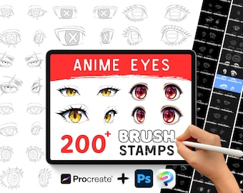 Op de afbeelding: Een digitaal kunstproduct met anime-oogkwaststempels. De afbeelding toont een tablet met verschillende oogontwerpen, met de tekst "ANIME EYES" en "200+ BRUSH STAMPS". Compatibel met Procreate en Photoshop.