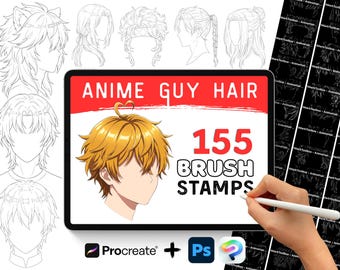 Op de afbeelding: Een digitaal tabletscherm met de tekst ANIME GUY HAIR en 155 BRUSH STAMPS met een centrale illustratie van een personagehoofd met stekelig goudkleurig haar. Rondom het scherm staan diverse lijntekeningen van kapsels.