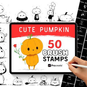 May include: A digital art product featuring a tablet displaying "CUTE PUMPKIN" and "50 BRUSH STAMPS". The image includes various pumpkin-themed illustrations and a hand holding a stylus, with the Procreate logo.