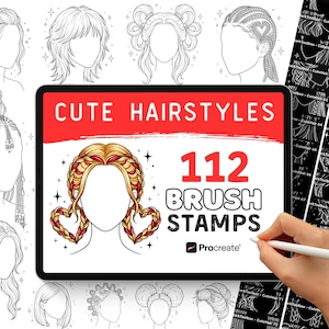 Op de afbeelding: Een tablet toont een digitaal kunstproduct met de tekst "Cute Hairstyles" en "112 Brush Stamps". De afbeelding toont lijntekeningen van verschillende kapsels. Een hand houdt een stylus vast. Het product is ontworpen voor Procreate.