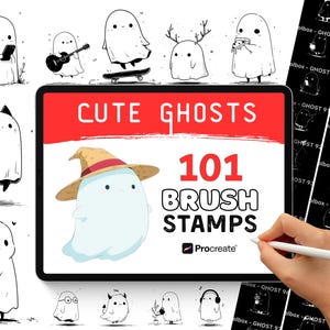 101 Procreate Ghost Brushes - Procreate Stamps - Cute Ghost | Spooky Procreate Halloween Brushes, Fall, Kawaii, Cute, Procreate Tattoo Brush