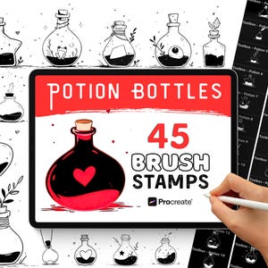 May include: A digital art product featuring 45 potion bottle brush stamps for Procreate. The image shows a tablet displaying the product with the text "POTION BOTTLES" and "45 BRUSH STAMPS". Various potion bottle designs are also shown.