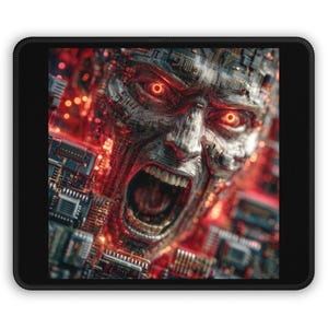 Op de afbeelding: Zwart rechthoekig mousepad met een digitale kunstafbeelding van een schreeuwend cyborggezicht. Het gezicht is samengesteld uit printplaat elementen, met gloeiende rode ogen en een wijd open mond. De achtergrond is een waas van rood en oranje.