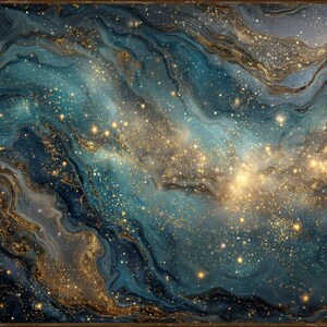 Könnte beinhalten: Abstrakter Kunstdruck mit einem wirbelnden Design in Türkis, Marineblau und Gold. Das Kunstwerk hat einen Marmoreffekt mit funkelnden Goldakzenten und erzeugt ein himmlisches oder kosmisches Thema. Die Gesamtästhetik ist luxuriös und elegant.