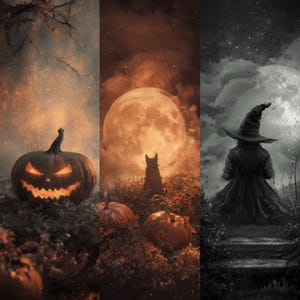 May include: A digital artwork in three panels, themed around Halloween. The first panel shows a carved pumpkin with glowing eyes. The second depicts a full moon with a black cat. The third panel shows a witch in a hat.