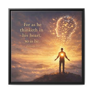 May include: Framed artwork featuring a silhouette of a person standing on a mountaintop with arms outstretched, bathed in golden light. The image includes the text "For as he thinketh in his heart, so is he. - Proverbs 23:7."