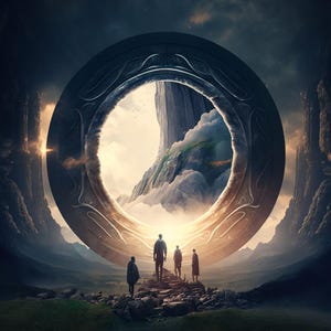 Könnte beinhalten: Ein digitales Kunstwerk zeigt ein großes, verziertes kreisförmiges Portal mit einer Berglandschaft, die durch die Öffnung sichtbar ist. Vier Figuren stehen auf einem steinigen Pfad und blicken auf das Portal. Die Szene spielt vor einem dramatischen Himmel mit Wolken.