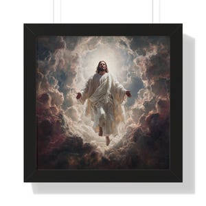 May include: Framed artwork depicting a figure in white robes ascending through a cloudy sky. The artwork is set in a black frame, creating a contrast with the bright, ethereal scene. The figure has long hair and a beard, with arms outstretched.