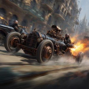 May include: A steampunk-style race car with a dark blue and bronze color scheme speeds down a street, with flames and smoke billowing from the exhaust. The car has large wheels and intricate mechanical details, with a driver wearing a helmet.