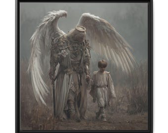 Op de afbeelding: Een ingelijste canvas print toont een beschermengel met grote witte vleugels, die de hand van een kind vasthoudt. De engel is gekleed in sierlijk harnas en gewaden, en het kind draagt een eenvoudige tuniek. Het kunstwerk speelt zich af in een gedempt, aards landschap.
