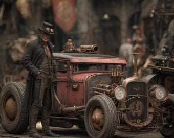Steam Street Racer — Digital Download | Vintage Steampunk Hot Rod Art