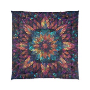 May include: A square comforter with an abstract floral design. The pattern features a central flower with teal, orange, and purple petals on a dark background. The comforter's edges are a deep purple. The comforter is approximately 200cm x 200cm.