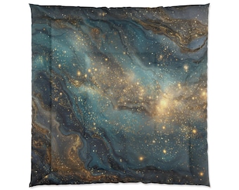 May include: A comforter with a celestial design. The comforter features a swirling pattern of teal, navy, and gold, resembling a galaxy. The design includes gold flecks and streaks, creating a starry effect. The comforter is square and has a soft, quilted appearance.