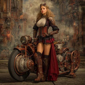 May include: A woman in steampunk attire stands next to a vintage motorcycle. She wears a corset, skirt, and boots. The motorcycle is rusty red with large wheels and intricate mechanical details, set against a backdrop of a city.