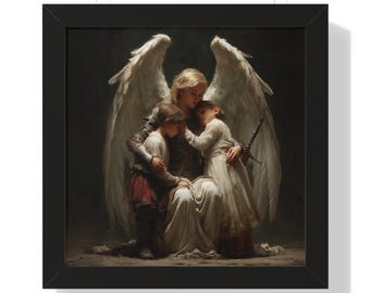 Op de afbeelding: Een ingelijste prent toont een beschermengel met grote witte vleugels, die twee kinderen omarmt. De engel draagt een donker leren kledingstuk en houdt een zwaard vast. De kinderen zijn gekleed in wit en rood. Het kunstwerk is tegen een donkere achtergrond.