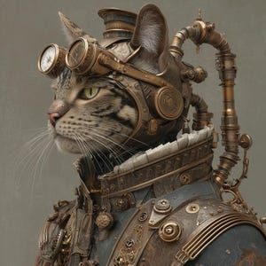 May include: A tabby cat with steampunk-inspired gear, including goggles, a headpiece, and a mechanical harness. The cat is wearing a blue and brown outfit with intricate metal details. The image has a vintage, industrial aesthetic.