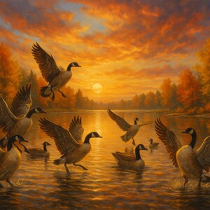 Herbstliche Landschaft – Gänse bei Sonnenuntergang | Digital Download Naturdruck