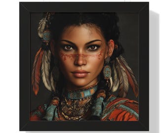 Native Woman Framed Horizontal Poster, Wall Art Print, Indigenous Feathers, Jewelry, Tribal Face Paint, Cultural Decor