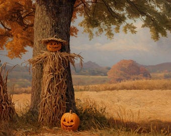 Kürbis Aufnäher Wächter – Rustikale Herbst Vogelscheuche Digitale Wandkunst | Halloween Dekor