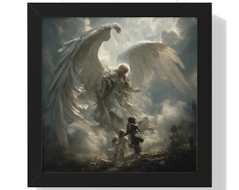 May include: A framed print depicts a celestial scene with a large angel figure with outstretched wings, descending towards two children and a figure in armor. The artwork is set against a backdrop of dramatic clouds and a forest, all within a black frame.