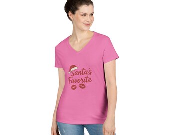 Santa's Favorite Ladies' Tee, Christmas V-Neck Shirt, Holiday Women's Top, Festive Graphic Tshirt, Xmas Gift Apparel