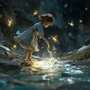 Puede incluir: Una persona joven con un vestido azul claro se acerca a chispas doradas y brillantes en un arroyo. Varias criaturas doradas y brillantes con forma de hadas y alas flotan cerca. La escena está ambientada en un entorno natural al aire libre.