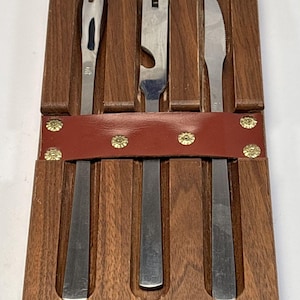 Mid-Century Latama Stainless Set Carving Fork, Can Opener, Knife Wood Case Rare