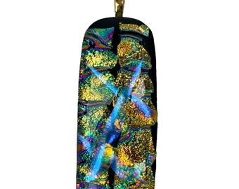 Colgante de vidrio artístico iridiscente dicroico: dorado, negro, hermoso