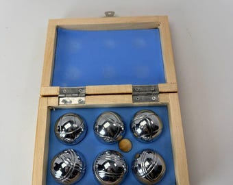 Vintage Game Chrome-Tone Mini Bocce Ball Set Wood Box Small Gift Desktop Office