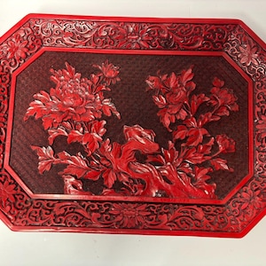 Vintage Peony Chinese cinnabar lacquer rectangular tray plate Red Carved 10&quot; x 14.5&quot;