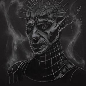 May include: A black and white chalk drawing of a character with a spiked head and a grid-like pattern on the neck and chest. The character has a stern expression and is surrounded by wispy, smoky effects. The artwork is a portrait.