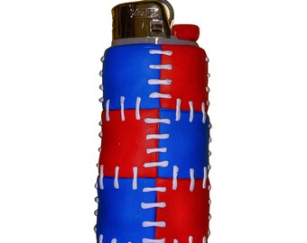 Lighter sleeve/case/holder polymer clay sculpture, red and blue quilt