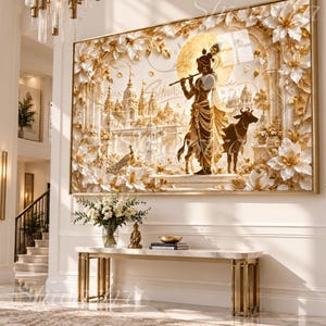 May include: A rectangular wall art piece featuring a golden-toned illustration of a figure playing a flute alongside a cow, set against a backdrop of ornate architectural structures and a large sun, framed by white and gold floral elements.
