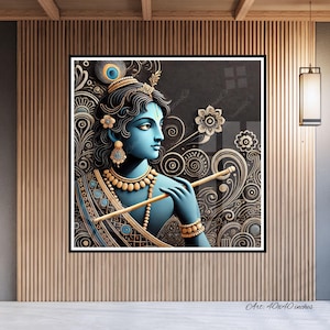 Lord Krishna Flute, Line Art, Black White Minimal Color, Indian Hindu God Painting, Madhubani Spiritual Print, Living Room Foyer Wall Art