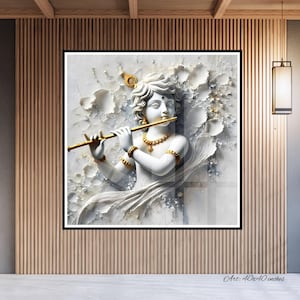 Toddler Krishna Playing flute Bal Gopal 3D Painting White Gold Stone, Indian Housewarming Gift Wallpaper Large Mandir Puja room Temple Art