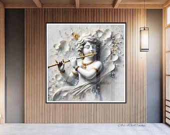 Maluch Krishna grający na flecie Bal Gopal, obraz 3D z białego złota, tapeta na prezent na parapetówkę w Indiach, duża sala Mandir Puja, sztuka świątyni