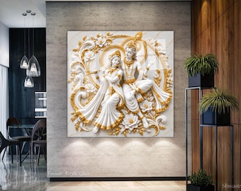 Radha Krishna 3D Painting White Gold, Indian Spiritual Art, Housewarming Gift, 3D Modern Wall Art, Custom Paper Canvas Framed Glass Print