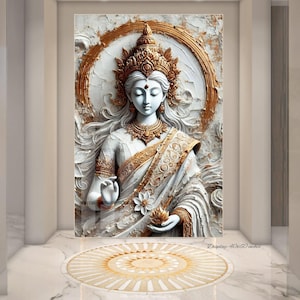 Goddess Lakshmi 5feet Large Puja Room Idol 3D Glass Painting White Gold, Indian Hindu Spiritual Art Housewarming Gift, Large Canvas Wall Art