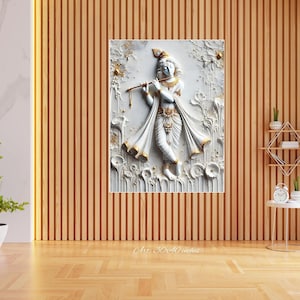 Sophisticated Lord Krishna Gopal Flute Wall Art, Living Room God Idol, Indian Spiritual Religious Elegant Gift, 3D Modern Marble Statue Art